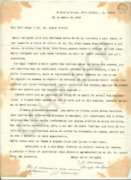 Carta de D. José Vieira Alvernaz para Manuel Duque Vieira