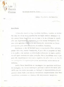 Carta da [Direção] da Liga Operária Católica para o presidente do Conselho [de Ministros, António...