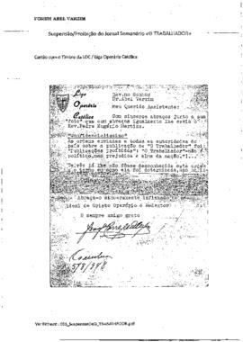 Cartão confidencial da Liga Operária Católica para Abel Varzim, assistente [da Liga Operária Cató...